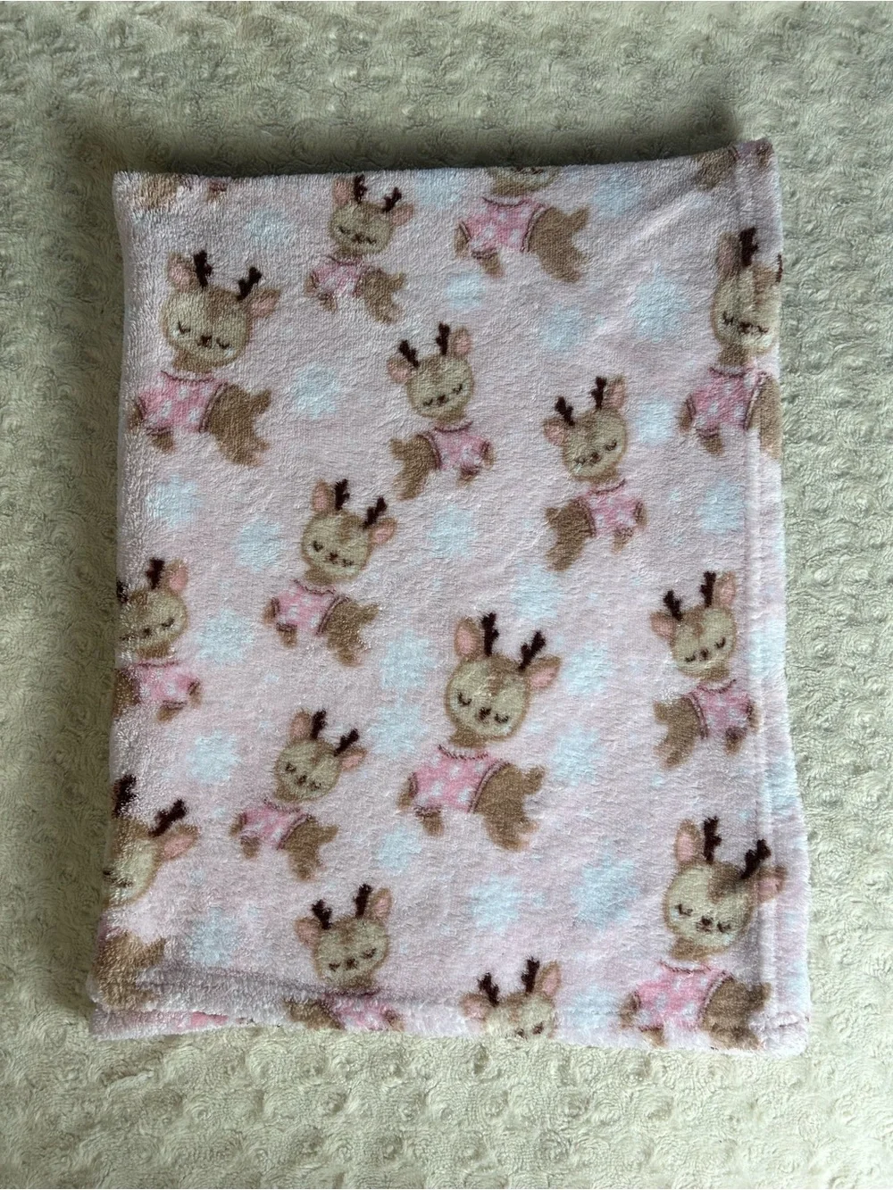 Walmart Parent's Choice Pink Reindeer Baby Girl Blanket Tan White Snowflakes